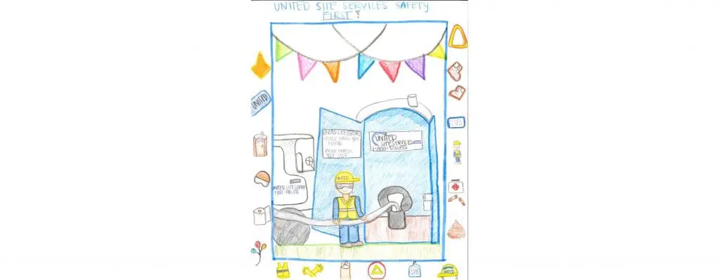 Child's drawing featuring a construction site safety scene with a worker wearing a yellow hard hat pumping out a blue porta potty