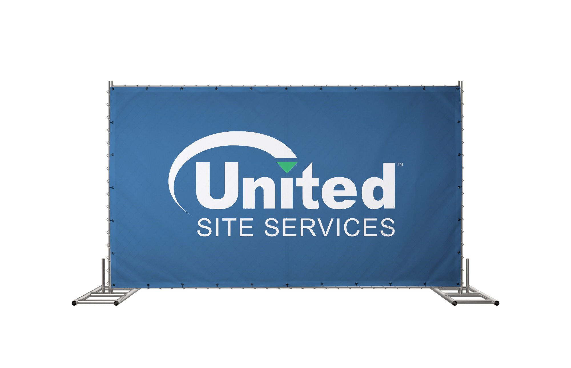 Blue banner with the "United Site Services" logo on a temporary fence displayed on a metal stand