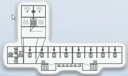 A schematic diagram of a stall shower trailer showing 8 shower stalls and 6 sinks
