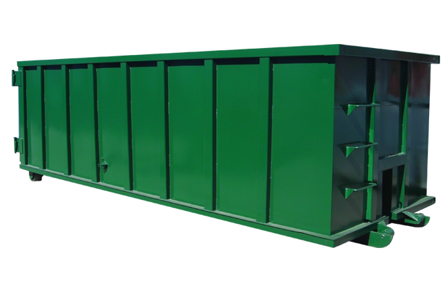 A 30-yard green dumpster with multiple side panels on a plain white background