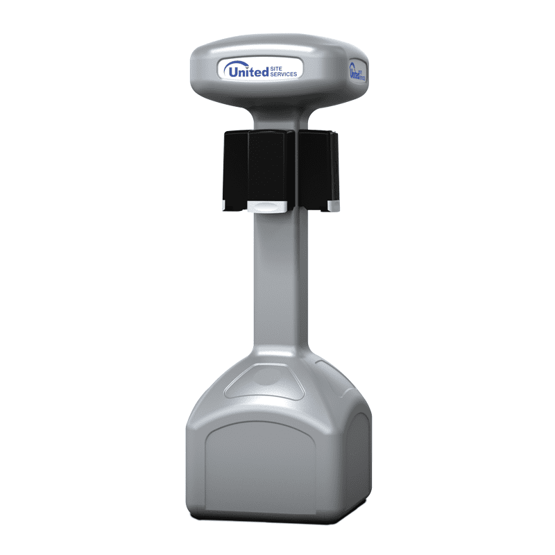 A gray handsanitizer station with four dispensers showing on a white background