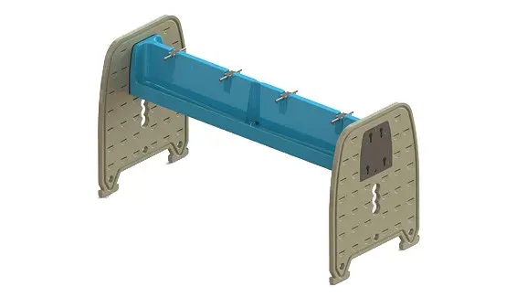 A blue and gray Hydroflow sink station with 8 faucets on a white background