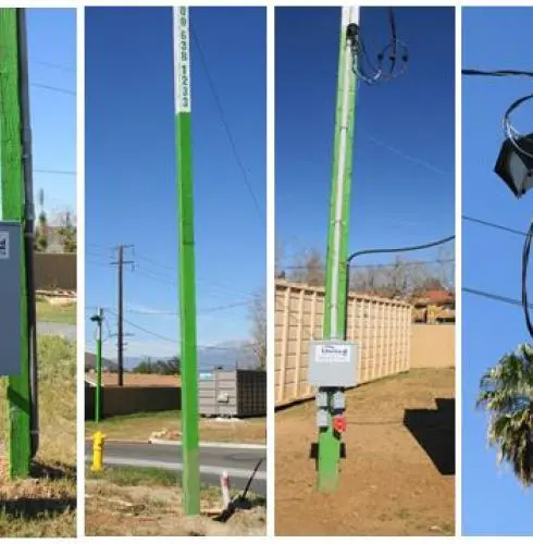 Four images of a green temporary power pole with mounted signs at various heights, against different backdrops including clear skies and residential area