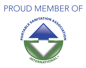 "Proud Member Of" written in blue above  two arrows, a blue one pointing up and a green one pointing down, encircled in writing that says "Portable Sanitation Association International"