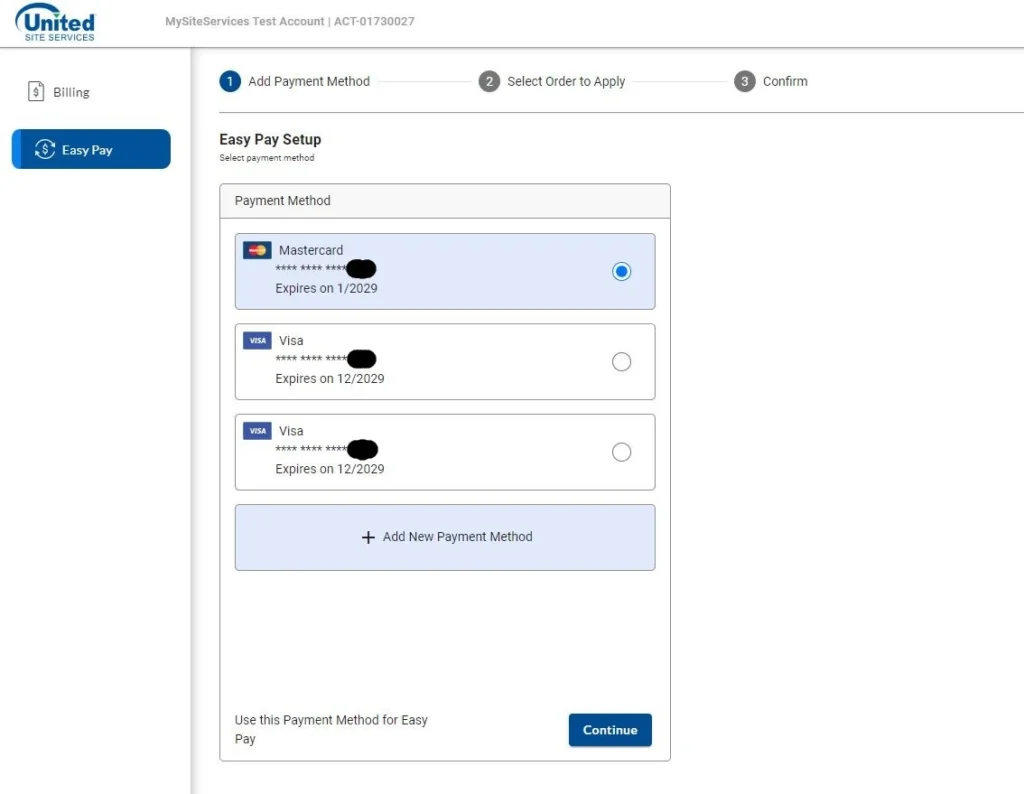 Image of a blue and white payment method set up with three visa examples showing. With a button to continue to the second step to select order to apply