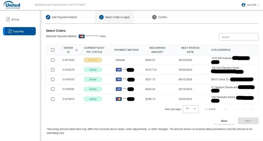 Image of five orders listed out with order ID, current payment status showing active and inactive, credit card method, next invoice date and site address, with squares for each one to select and update payments